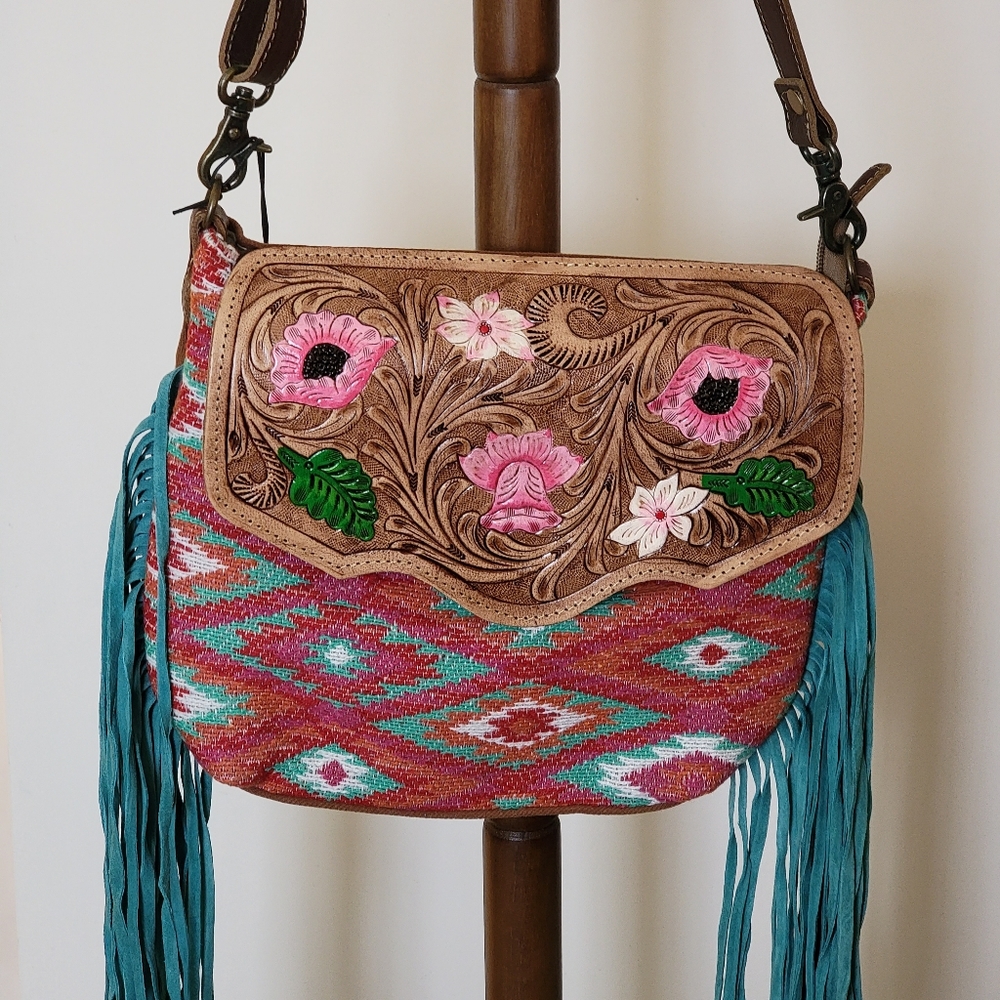 NEW MYRA BAG- FLORAL PINK HAND TOOLED BAG